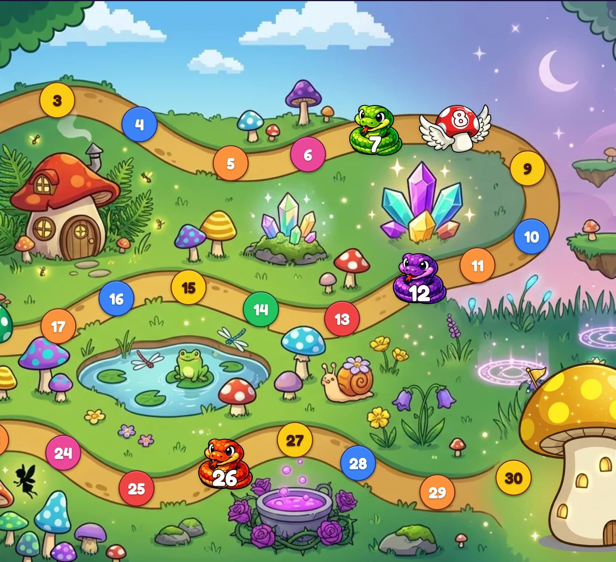 Golden Mushroom Run board game with winding path, mushroom houses, and creatures