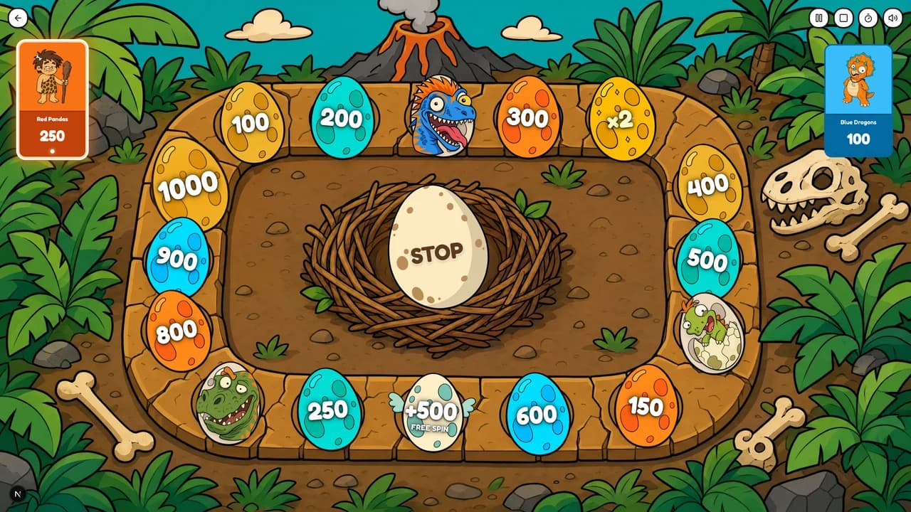 Dino Spin game board — a prehistoric valley with a ring of dinosaur egg tiles